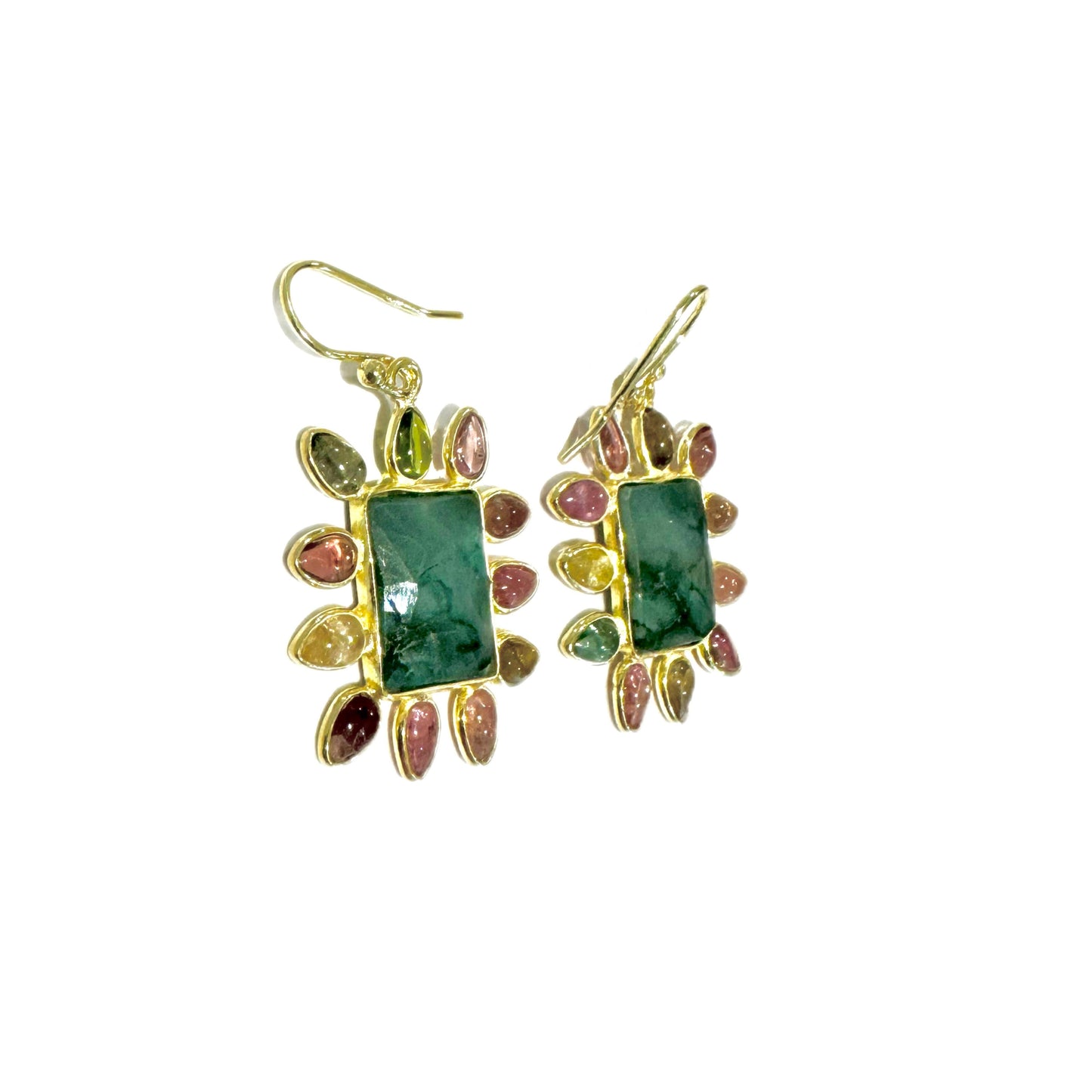 Emerald and tourmaline love earrings
